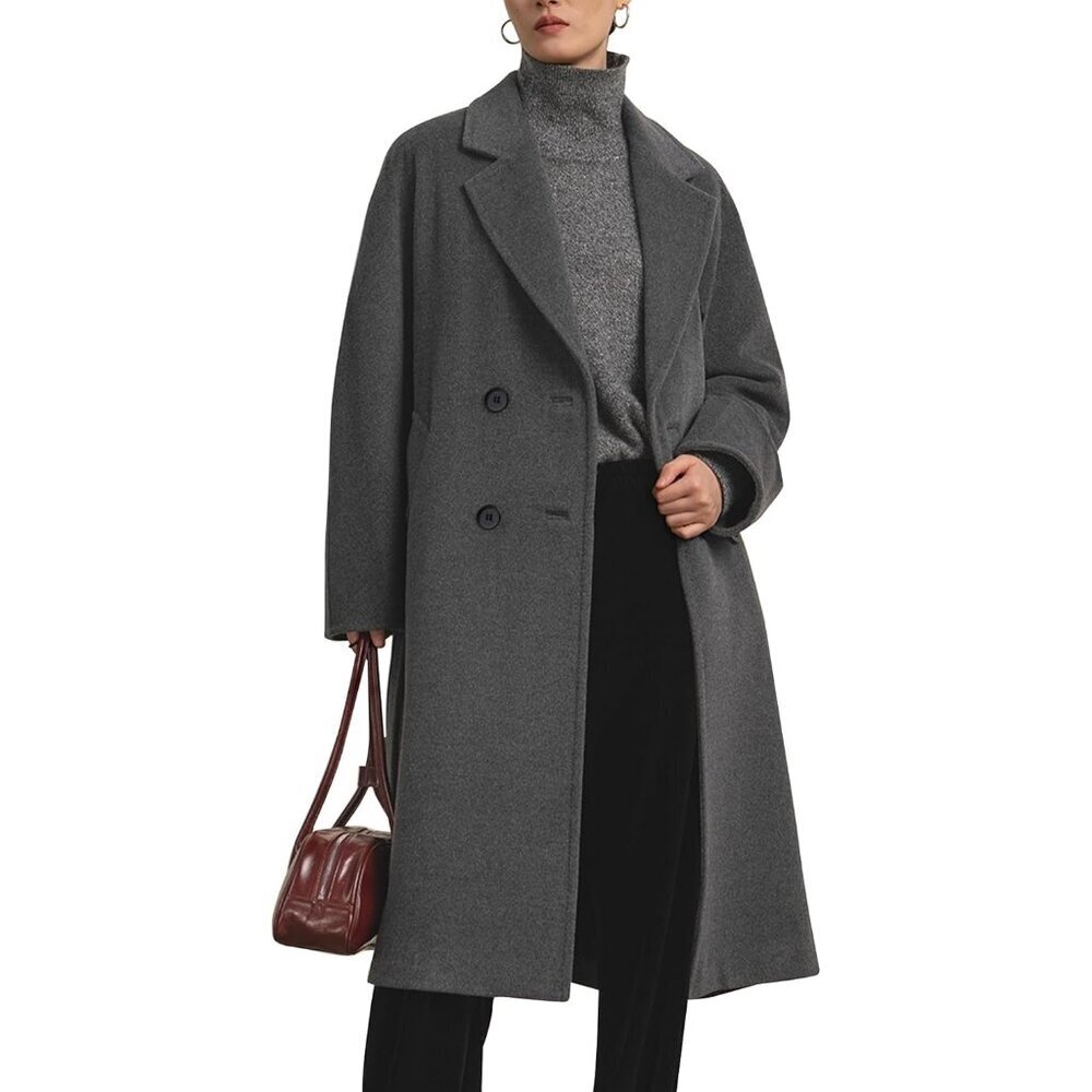 Women's Grey Long Pea Coat Notch Lapel Trench Coat Fall Winter Overcoat